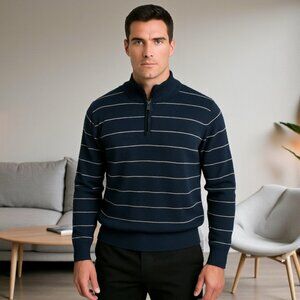 Line 48 Mens Large Navy Blue White Stripe 1/4 Zip Mock Neck Sweater Preppy VTG